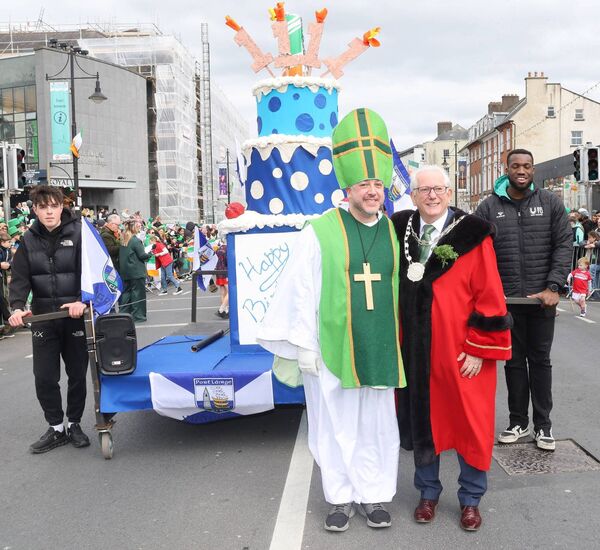 Metropolitan Mayor of Waterford Cllr Joe Kelly, with St Patrick and the WCCC cake at the Waterford City St. Patrick's Day Parade. Photo: Joe Evans Metropolitan Mayor of Waterford Cllr Joe Kelly, with St Patrick and the WCCC cake at the Waterford City St. Patrick's Day Parade. Photo: Joe Evans