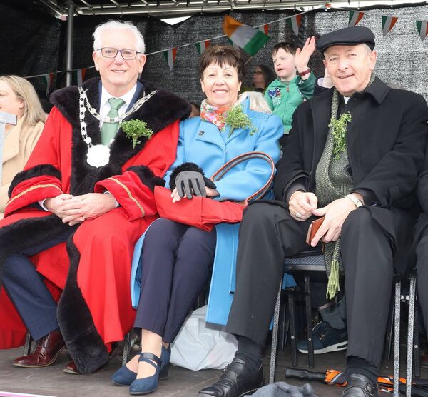 Metropolitan Mayor of Waterford Cllr Joe Kelly, Frances Kelly and Bishop Alphonsus Cullinan, at the Waterford City St. Patrick's Day Parade. Photo: Joe Evans