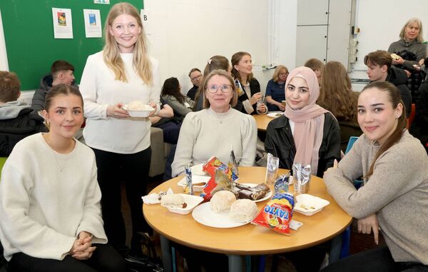 Waterford College of Further Education recently hosted a group of Noreweigan students on the Erasmus programme and on their last day at the college, WCFE student Council and staff hosted a signature lunch of Sausage and Blaa and an Irish dancing lesson on how to dance the Siege of Ennis taught by our own WCFE former Lord of the Dance Star Gillan Norris. Great fun was had by all. Photo: Joe Evans 