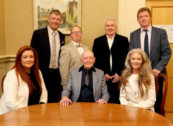 Mayor of Waterford City &amp; County Cllr Jason Murphy, presented a Scrool to Eddie Sullivan in recognition of his dedication to shaping Irish Music &amp; enriching our heritage, at a reception in City Hall, Eddie is pictured here with hs Daughters, Laura and Lynne, Sons, Garry, Fred, Paul and Greg. Photo: Joe Evans