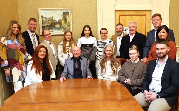 Mayor of Waterford City &amp; County Cllr Jason Murphy, presented a Scrool to Eddie Sullivan in recognition of his dedication to shaping Irish Music &amp; enriching our heritage, at a reception in City Hall and is pictured here with his daughterss, sons and grandchildren. Photo: Joe Evans