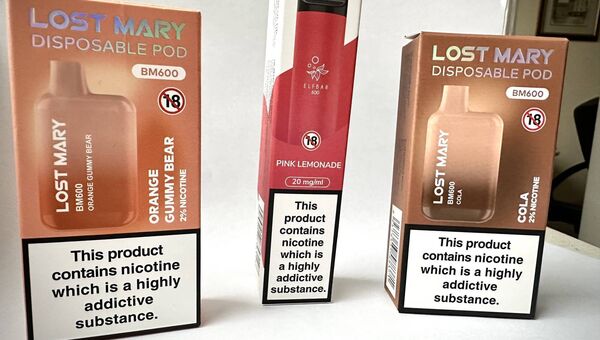 Three disposable vapes in breach of regulations purchased in Waterford City. None of the vapes have the proper warning labels, two are expired and the none have the proper contact information. All three were purchased in shops in Waterford City. Picture by Joe Evans. Three disposable vapes in breach of regulations purchased in Waterford City. None of the vapes have the proper warning labels, two are expired and the none have the proper contact information. All three were purchased in shops in Waterford City. Picture by Joe Evans.