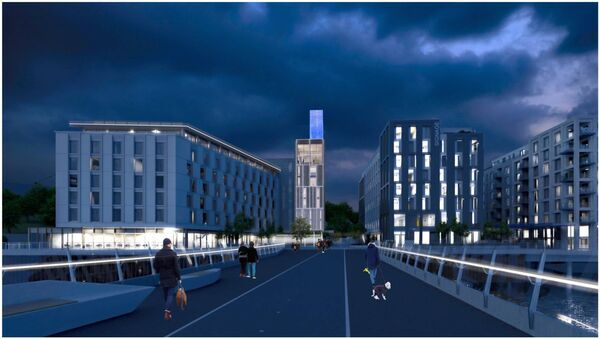 North Quays at night from the sustainable transport bridge