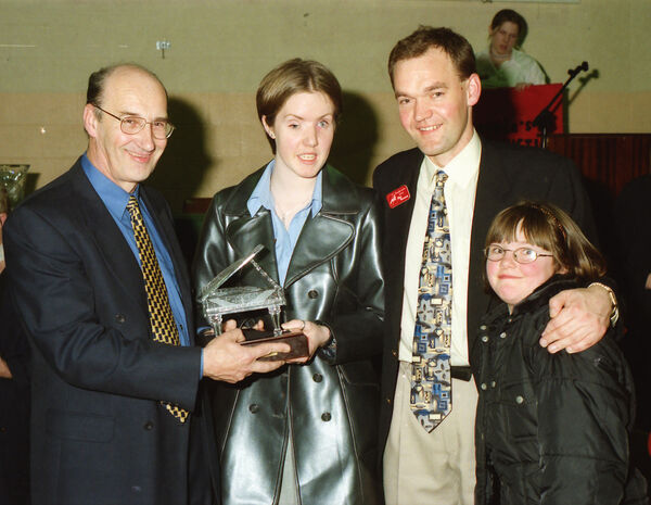 Billy Rohan, Waterford Crystal, presents a special piece of crystal in the shape of a piano to Claire Gallagher, Omagh Student, who was awarded the 1999 St. Angela's Peace & Justice International Award, also pictured is Phil Brennan, Peace & Justice Group. Billy Rohan, Waterford Crystal, presents a special piece of crystal in the shape of a piano to Claire Gallagher, Omagh Student, who was awarded the 1999 St. Angela's Peace & Justice International Award, also pictured is Phil Brennan, Peace & Justice Group.