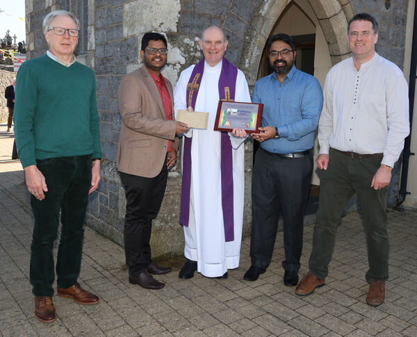 St. Gregorios Indian Orthodox Church, Waterford made a presentation to Fr. Liam Power, at St. Mary's Church, Ballygunner; from left are, Francis, Jobin, Fr. Liam, Jacob and Ben. St. Gregorios Indian Orthodox Church, Waterford made a presentation to Fr. Liam Power, at St. Mary's Church, Ballygunner; from left are, Francis, Jobin, Fr. Liam, Jacob and Ben.