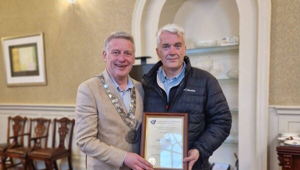 James Doherty is pictured receiving a Mayoral reception from Waterford Mayor, Cllr Jason Murphy.