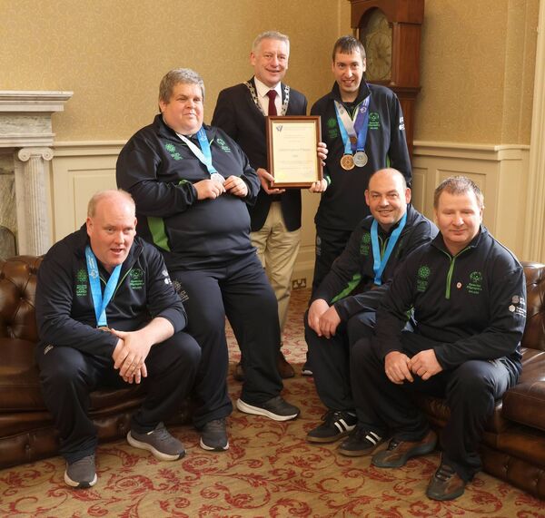 Mayor of waterford City & County Cllr Jason Murphy, presented a scroll to Waterford Special Olympics Club, in recognition of their outstanding achievements in the Special Olympics world Winter Games held in Turin, Italy, from left are, Niall Corcoran, Bronze Medal Floorball, James Upton, Bronze Medal Floorball, Mayor Cllr Jason Murphy, Clive Healy, Silver and Bronze Medal Skiing, Damien Kirwan, Bronze Medal Floorball and George Fitzgerald, Assistant Coach. Photo: Joe Evans Mayor of waterford City & County Cllr Jason Murphy, presented a scroll to Waterford Special Olympics Club, in recognition of their outstanding achievements in the Special Olympics world Winter Games held in Turin, Italy, from left are, Niall Corcoran, Bronze Medal Floorball, James Upton, Bronze Medal Floorball, Mayor Cllr Jason Murphy, Clive Healy, Silver and Bronze Medal Skiing, Damien Kirwan, Bronze Medal Floorball and George Fitzgerald, Assistant Coach. Photo: Joe Evans