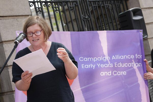 Director of the National Women’s Council, Orla O’Connor, speaking at an event calling for Government action to tackle the ongoing childcare crisis outside of Leinster House, Thursday May 1st along with childcare campaigners from the Together for Public Alliance. 