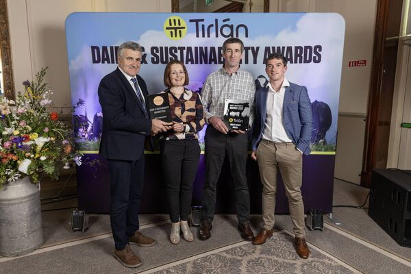 John Kirwan Jnr, Butlerstown, Co. Waterford won the Tirlán South Region Award. Pictured, from left, were Tirlán Board Member Brendan Hayes, Jane and John Kirwan, and Tirlán Milk Supply Manager Padraig Nugent. Photo: Finbarr O'Rourke 