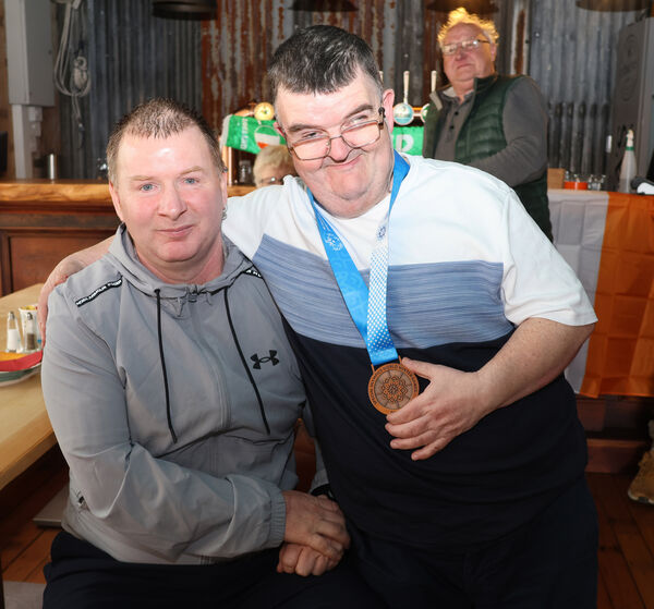  George Fitzgerald and Billy Geare, at the Riverside Cottage Dunmore Road, for an evening to mark James Upton bronze medal win in Floorball representing Ireland in the Special Olympics held in Turin. Photo: Joe Evans