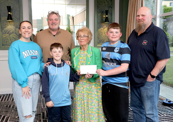  Tramore Rugby Club, 4th place winners of €100 kindly sponsored by the Cowman family at the Tramore St. Patrick's Day Parade. Pictured at the prize giving evening at the Majestic Hotel were, Emma Forde, Aiden Healy, Riley Foley, Anna Cowman, sponsor, Alfie Travers and Eddie Travers. Photo: Joe Evans