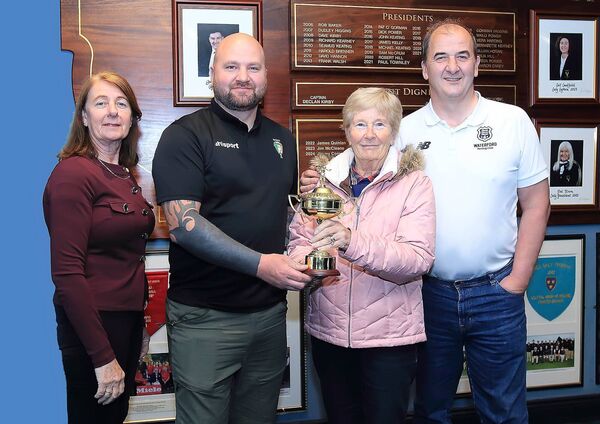 Pictured at the launch of the 5th Annual Johnny Matthews Golf Classic were Mary Claire Matthews, wife of the late Johnny Matthews, Mary Ray, Waterford Schoolboy League, Golf Classic organiser Jim Kealy and Paul Browne, Transplant Football Ireland.