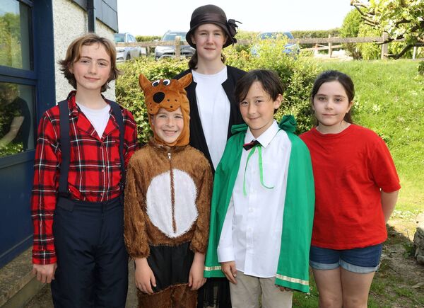Ronan as Uncle Henry, Conor as Toto, Morgan as Miss Gulch, Jimmy as Professor Marvel and Zoey as Doorman, who performed in the Butlerstown NS production of The Wizard of Oz. Photo: Joe Evans Ronan as Uncle Henry, Conor as Toto, Morgan as Miss Gulch, Jimmy as Professor Marvel and Zoey as Doorman, who performed in the Butlerstown NS production of The Wizard of Oz. Photo: Joe Evans