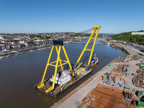 HEBO Lift 9 floating crane being towed by Dutch Power barge into Waterford Harbour. Pic: Peter Grogan. HEBO Lift 9 floating crane being towed by Dutch Power barge into Waterford Harbour. Pic: Peter Grogan.