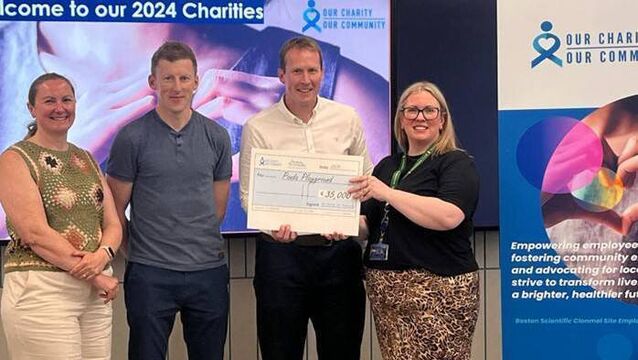 <p>Cheque presentation from Boston Scientific employees 2024 charity fund to Ballymacarbry's Panda Playground. Left to right; April O’Gorman (Boston Scientific) Eamon Wall &amp; David O’Gorman (Ballymacarbry Community Centre) and Trisha Morrissey (Boston Scientific)</p>