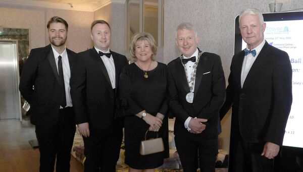 Cllr Adam Wyse, Cllr. Eamon Quinlan, Minister Mary Butler, Mayor of Waterford City &amp; County Cllr Jason Murphy and Cllr John O'Leary, at the Mayor's Charity Gala Ball in the Tower Hotel. Photo: Joe Evans