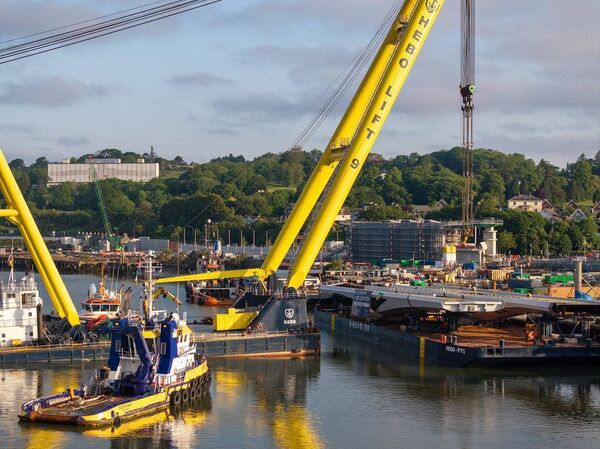Bridge span No.1 in the process of being moved into place. Pic: Peter Grogan