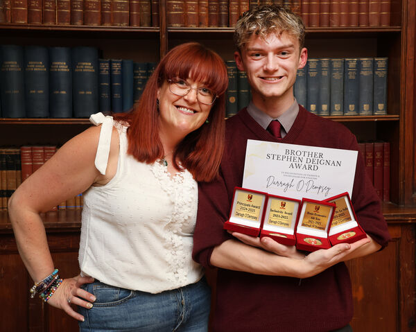 Darragh O'Dempsey, recipient of the Brother Stephen Duignan Award, Principal's Award, Inclusivity Award, Home Economics and Spirit of De La Salle Awards, at the De La Salle College Senior Awards Evening. Darragh O'Dempsey, recipient of the Brother Stephen Duignan Award, Principal's Award, Inclusivity Award, Home Economics and Spirit of De La Salle Awards, at the De La Salle College Senior Awards Evening.
