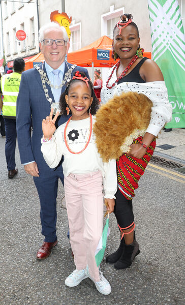  Stephanie and Edith, with Metropolitan Mayor of Waterford Cllr. Joe Kelly, at Africa Day held at Waterford Cultural Quarter. Photo: Joe Evans