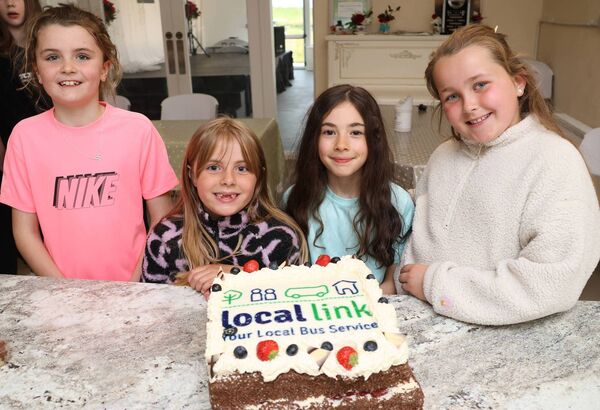 Grainne, Zara, Alice and Lexi, members of the local community who celebrated the new 358 TFI Local Link bus route as it stopped off at one of its new stops at Carbally Community Centre. Photo: Joe Evans