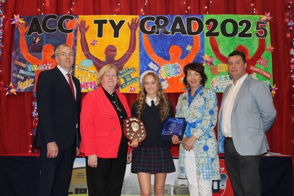 Mr Colm Rice, Deputy Principal; Ms Michelle Jefford, Principal; Caitlin Kinsella, Transition Year Student of the Year 2025 Award Recipient; Ms Anne Marie Doherty, Programme Coordinator; Mr Brendan Cahill, Transition Year Year Head Mr Colm Rice, Deputy Principal; Ms Michelle Jefford, Principal; Caitlin Kinsella, Transition Year Student of the Year 2025 Award Recipient; Ms Anne Marie Doherty, Programme Coordinator; Mr Brendan Cahill, Transition Year Year Head