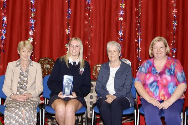 Ms Eileen Curtis, Former Chief Executive KCETB; Lily Rose Kavanagh, Leaving Certificate Applied Student of the Year 2025 Award Recipient; Sr Mary Gough, RSHM; Ms Michelle Jefford, Principal. Ms Eileen Curtis, Former Chief Executive KCETB; Lily Rose Kavanagh, Leaving Certificate Applied Student of the Year 2025 Award Recipient; Sr Mary Gough, RSHM; Ms Michelle Jefford, Principal.