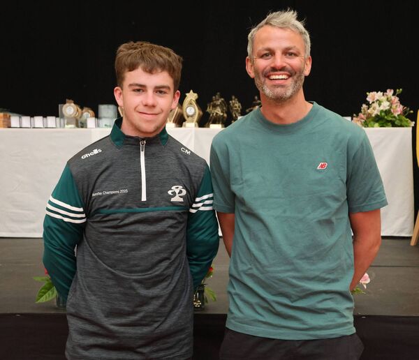 Cathal Marks wearing the Munster Champions 2025 sports gear, with Thomas Barr, special guest, at the St. Paul's Community College Awards Evening. Photo: Joe Evans