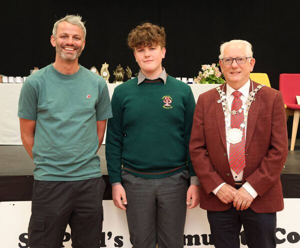 Jake Keane, Best Junior Cert award winner, at the St Paul's Community College Awards Evening, also included are, Thomas Barr, special guest, and Metropolitan Mayor of Waterford Cllr Joe Kelly. Photo: Joe Evans