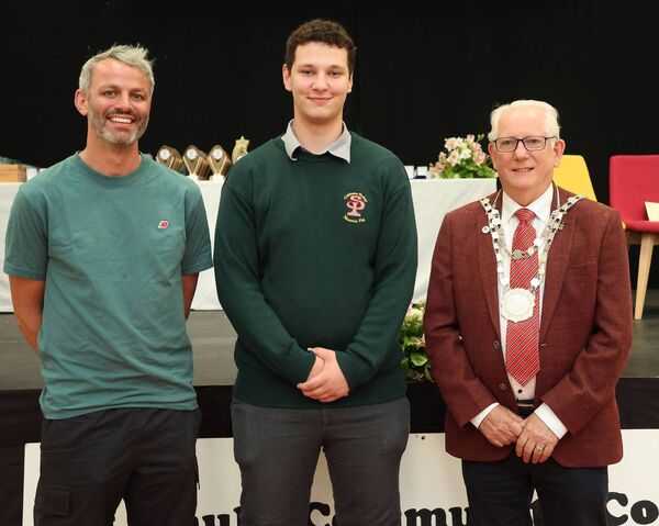 Benjamin Jambrovic, Ethos Award winner, at the St Paul's Community College Awards Evening, also included are, Thomas Barr, special guest and Metropolitan Mayor of Waterford Cllr Joe Kelly. Photo: Joe Evans