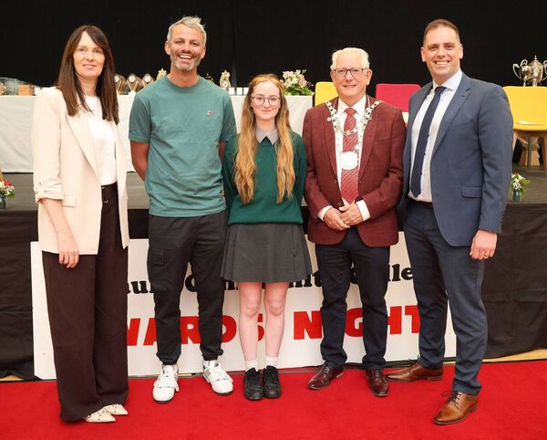 Sinead Cullinane, Young SVP Award Winner, at the St Paul's Community College Awards Evening, also included are, Eimear Ryan, WWETB, Mr. Bailey, Thomas Barr, special guest, and Metropolitan Mayor of Waterford, Cllr Joe Kelly. Photo: Joe Evans