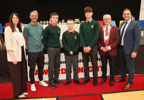 Adam Holohan, Sean O'Shea Walsh and Patryk Nowak, Academic Award winners, at the St Paul's Community College Awards Evening, also included are, Eimear Ryan, WWETB, Metropolitan Mayor of Waterford Cllr Joe Kelly and Mr. Bailey, Deputy Principal. Photo: Joe Evans