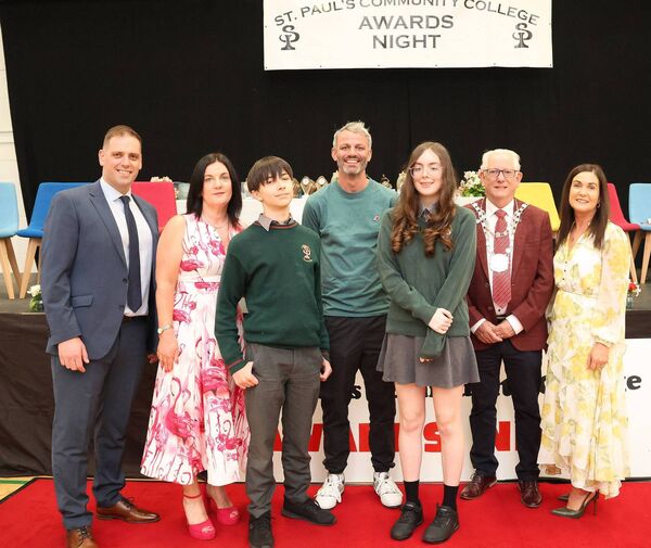 Aleksandr Malin and Nina Sinnott, Excellence in Education Award winners, at the St Paul's Community College Awards Evening, also included are, Mr. Bailey, Ms. Woods, Thomas Barr, special guest, Metropolitan Mayor of Waterford Cllr Joe Kelly and Ms McDonnell, Principal. Photo: Joe Evans