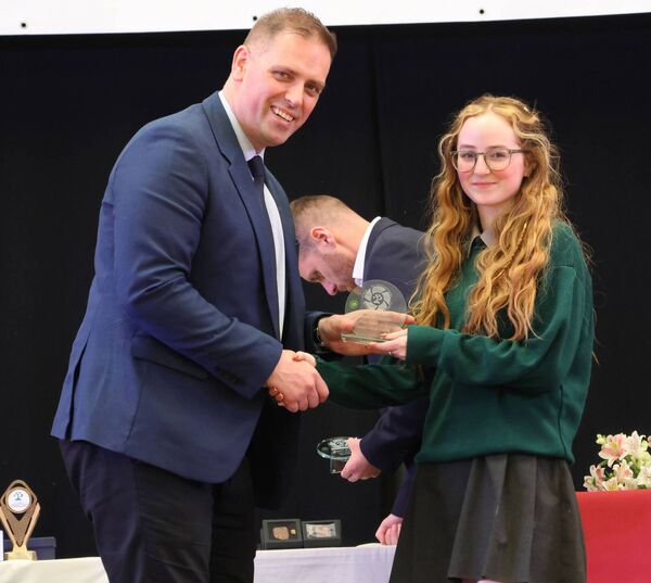 Mr. Bailey, Deputy Principal, presented the Essence of TY Award to Sinead Cullinane Mooney, at the St. Paul's Community College TY Graduation Evening. Photo: Joe Evans