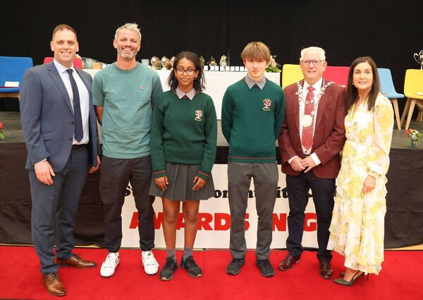 Semhal Zahlay and Norbert Lada, CBA Award winners, at the St Paul's Community College Awards Evening, also included are, Mr. Bailey, Thomas Barr, special guest, Metropolitan Mayor of Waterford Cllr Joe Kelly and Ms McDonnell, Principal. Photo: Joe Evans