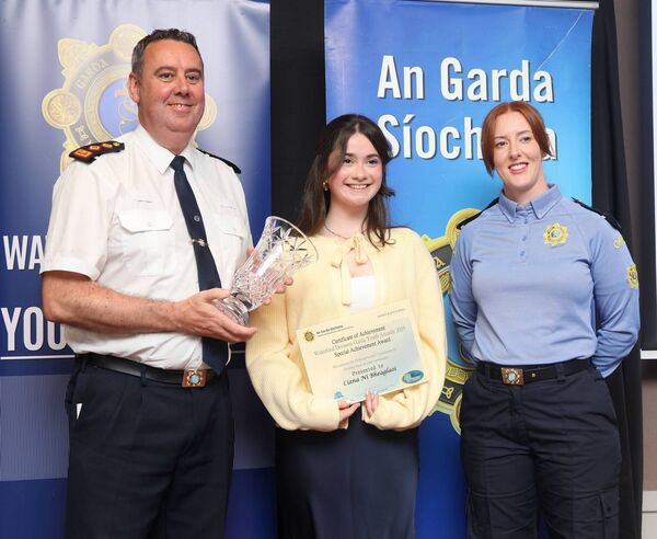 Chief Superintendent Anthony Pettit, Cíana Ní Bheaglaoí, Special Achievement Award winner, and Garda Lorraine O'Dwyer. Chief Superintendent Anthony Pettit, Cíana Ní Bheaglaoí, Special Achievement Award winner, and Garda Lorraine O'Dwyer.
