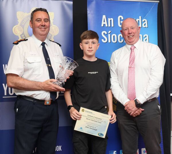 Chief Superintendent Anthony Pettit, Finn Kavanagh, Special Achievement Award, and Garda Aidan Carthy, pictured at the Tower Hotel for the Waterford Garda Youth Awards 2025. Photo: Joe Evans Chief Superintendent Anthony Pettit, Finn Kavanagh, Special Achievement Award, and Garda Aidan Carthy, pictured at the Tower Hotel for the Waterford Garda Youth Awards 2025. Photo: Joe Evans