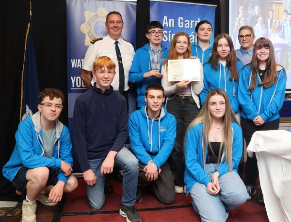 Chief Superintendent Anthony Pettit and Sgt Maureen Neary, with Waterford Comhairle na oÓg, Community Safety Award Winners, pictured at the Tower Hotel for the Waterford Garda Youth Awards 2025. Photo: Joe Evans Chief Superintendent Anthony Pettit and Sgt Maureen Neary, with Waterford Comhairle na oÓg, Community Safety Award Winners, pictured at the Tower Hotel for the Waterford Garda Youth Awards 2025. Photo: Joe Evans