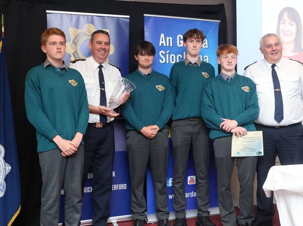 Chief Superintendent Anthony Pettit and Superintendent Sheehan, with CBS Dungarvan, Matthew Hayes, Archie Mahoney, Jake Kiely and Ben O'Leary, Overall Winners of the Community Safety Award, pictured at the Tower Hotel for the Waterford Garda Youth Awards 2025. Photo: Joe Evans Chief Superintendent Anthony Pettit and Superintendent Sheehan, with CBS Dungarvan, Matthew Hayes, Archie Mahoney, Jake Kiely and Ben O'Leary, Overall Winners of the Community Safety Award, pictured at the Tower Hotel for the Waterford Garda Youth Awards 2025. Photo: Joe Evans