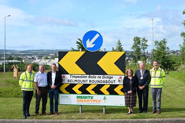 Belmont Roundabout, pictured from left: Tommy Moore, KCC, Piltown Municipal District Chairperson, Cllr. Ger Frisby, Neil Foot, Medite Smartply, Barbara Morgan, Medite Smartply, Cathaoirleach of Kilkenny County Council, Cllr. Michael McCarthy and Frank Stafford, KCC. Photo: Vicky Comerford