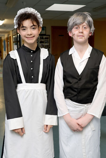  Housekeepers, April as Mrs Brill and Aidan as Robinson, in the St. Mary's NS Ballygunner production of Mary Poppins Jr.