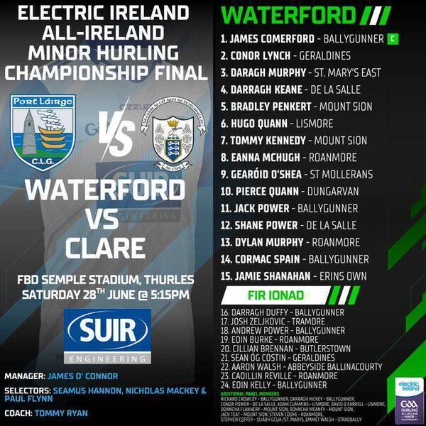 Waterford minor team to face Clare in All-Ireland final. Waterford minor team to face Clare in All-Ireland final.