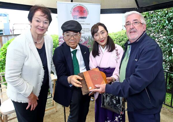 Richard Davern travelled from Limerick for the Lafcadio Hearn Japanese Gardens 10th anniversary celebrations and he was delighted to meet Japan’s Ambassador to Ireland, Ambassador Shimada and his wife Kaoru and Agnes Aylward. He presented his copy of the original unpublished copy of a book by Lafcadio Hearn called The Nun Ryonen.