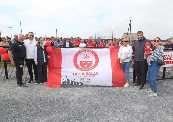 The family of the late Billy Hearne, his wife Joan, Lydia and Dan Hearne, Shayne Ryan, Anna Bellini and Giulietta Hearne are pictured before they unveiled the new name of De La Salle FC’s home ground to Billy Hearne Park in his memory, also included is Colm Daly, De La Salle FC committee.