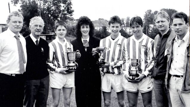 Southend FC, winners of the TSB Under 14 Cup, Under 15 League and Under 16 Cup back in 1990, from left are, Brendan Carey, Manager, E. Kiely, WSFL, Paul McLaurence, U-14 Captain, Helen Gough, TSB, Brian Fitzgerald, U-15 Captain, Brian Arrigan, U-16 Captain and Pat Arrigan, Manager. <p>Southend FC, winners of the TSB Under 14 Cup, Under 15 League and Under 16 Cup back in 1990, from left are, Brendan Carey, Manager, E. Kiely, WSFL, Paul McLaurence, U-14 Captain, Helen Gough, TSB, Brian Fitzgerald, U-15 Captain, Brian Arrigan, U-16 Captain and Pat Arrigan, Manager.</p>