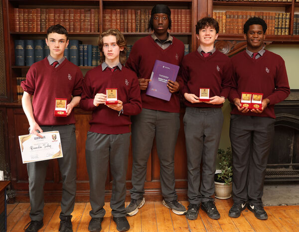  Brendan Twohig, 3 MWA, Ronan Collins, 3HD, Neil Kapitere, Junior Certificate School Programme, Henry Lyons, 2 AD and Francois Kalengay, U-15 Rugby and 3 HD awards, at the De La Salle College Junior Awards.