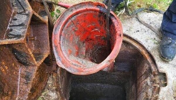 Uisce Éireann's makeshift 'catch' system for solid waste is a traffic cone used as part of improvised filter. Uisce Éireann's makeshift 'catch' system for solid waste is a traffic cone used as part of improvised filter.