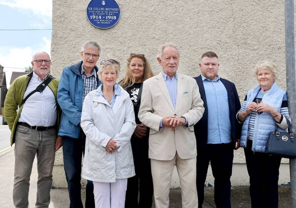 Phil Coulter, visited the Collins Brothers Blue Plaque in Philip Street while on a visit to Waterford, the six Collins Brothers story inspired Phil's new song For Another King &amp; Country, Phil is pictured here with Waterford Civic Trust members, Brendan Grogan, Eugene Broderick, Ann Cusack, Lynn O'Sullivan and Mary O'Halloran and Roy Buckley, who performed the song. Photo: Joe Evans