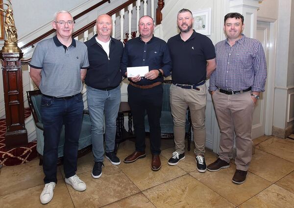 Waterford All-Ireland minor hurling winning manager James O'Connor was crowned the June winner of Waterford Sports Awards and he is pictured with Waterford County GAA Board chairman, Neil Moore and fellow backroom team members, selectors, Nicholas Mackey and Paul Flynn and team secretary Charlie Barry.
