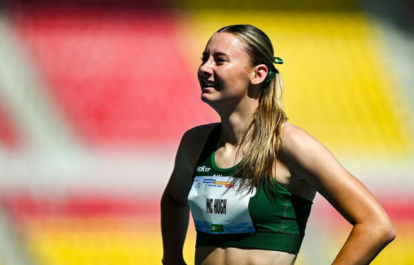 Ellis McHugh of Team Ireland celebrates after winning bronze in the girls 400m hurdles final. Ellis McHugh of Team Ireland celebrates after winning bronze in the girls 400m hurdles final.