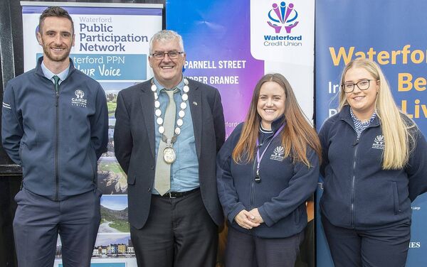 Cairde Credit Union &amp; Waterford Credit Union – Joint Sponsors of the Social Enterprise Award. L-R: Owen Young - Cairde Credit Union, Deputy Mayor of Waterford City &amp; County Council Cllr. John Pratt, Jenny O’Mahony &amp; Tara McCabe - Waterford Credit Union. 